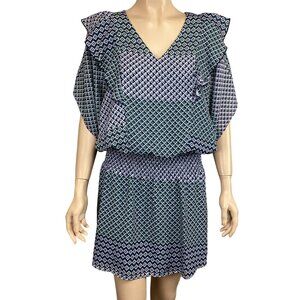 Parker Geometric Print VNeck Ruffle Sleeve Dress Medium Mini Dress Stretch Waist